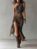 Karen ∙ Long one-shoulder printed dress in ethnic style with high slit