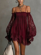 Betty • Navy blue mini chiffon dress with off-shoulder neckline, lace trim, and sheer sleeves