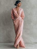 Pink Minimalist Maxi Dress with V-Neck in Linen Blend