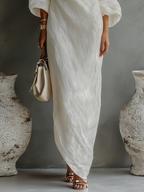Elegant Flowing Ivory White Cotton-Linen Dress with Off-Shoulder