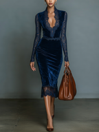 Elegant and Fashionable Dark Blue Velvet Midi Slim-fit V-neck Dress