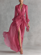 Elegant long pink chiffon dress with pearls and V-neck for women