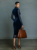 Elegant and Fashionable Dark Blue Velvet Midi Slim-fit V-neck Dress