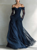 Matilda • Long dress with off-the-shoulder design and mesh inserts