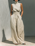Dorothy • Set consisting of a sleeveless beige top in a cotton-linen blend and wide-leg pants