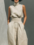 Dorothy • Set consisting of a sleeveless beige top in a cotton-linen blend and wide-leg pants