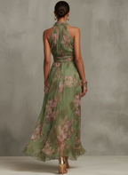 Ruth ∙ Long green floral chiffon dress with halter neck