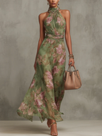 Ruth ∙ Long green floral chiffon dress with halter neck