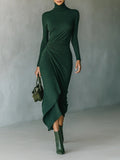 Helen ∙ Asymmetrical wrap midi dress with pleats and high collar in dark green