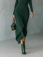 Helen ∙ Asymmetrical wrap midi dress with pleats and high collar in dark green