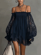 Betty • Navy blue mini chiffon dress with off-shoulder neckline, lace trim, and sheer sleeves
