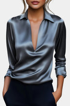 Plunging Neckline Aline Silver Satin Blouse