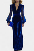 Clarène V-Neck Velvet Jumpsuit with Long Sleeves